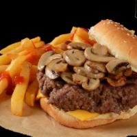 Brooklyn Burger with Fries · Argus burger topped with sauteed mushrooms and Swiss cheese on fresh round roll.