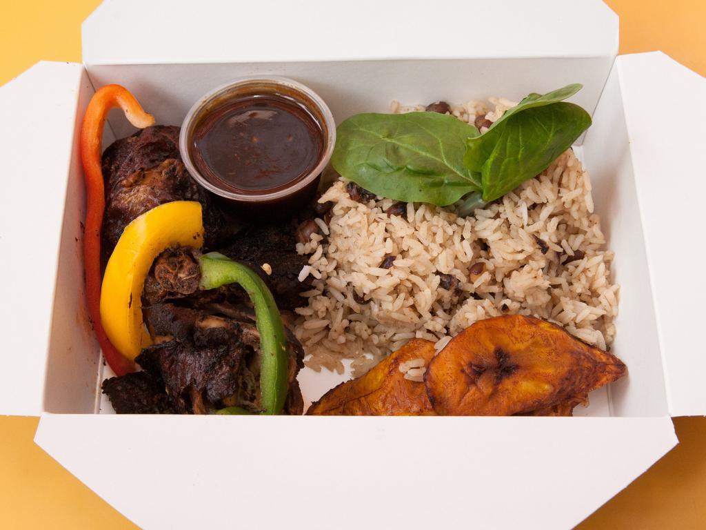 Original Jerk Pan Chicken Individual Jerk Box · Served with Jamaican hardo bread.