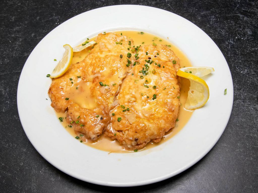 Chicken Francaise · Sauteed in a lemon butter sauce over past or rice. Served with soup or salad and challah bread.