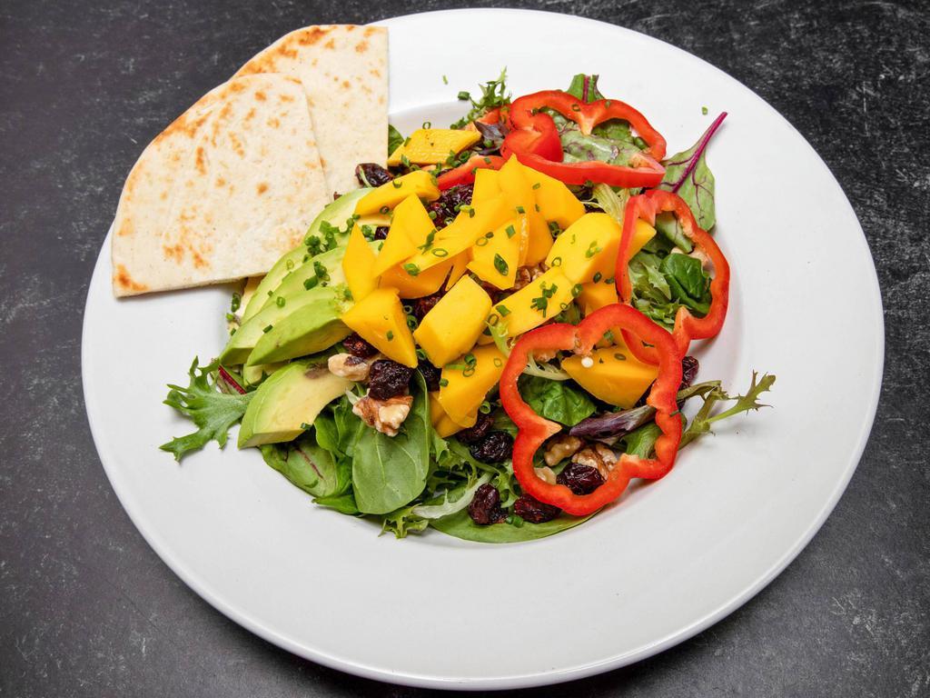 Sweet Mango Salad · Over mixed green with avocado, dried cranberries, green peppers, tomato, mango and walnuts.