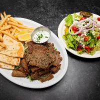 Beef Gyro Platter · Beef gyro, french fries, Greek salad, tzatziki, pita