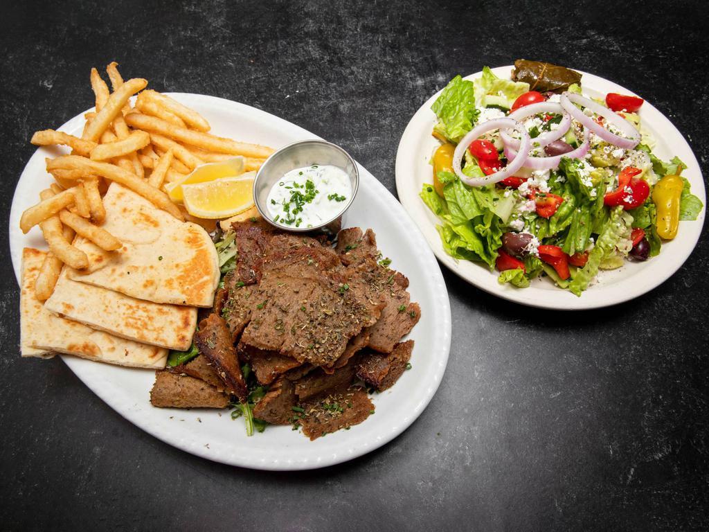 Beef Gyro Platter · Beef gyro, french fries, Greek salad, tzatziki, pita