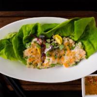 Shrimp Patty Cakes · pan-seared shrimp patties served with Bibb lettuce & vibrant “nuoc cham” dipping sauce