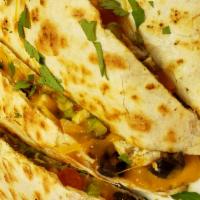 Cheese Quesadilla · Cheddar cheese, black olives, scallions, diced tomatoes and jalapenos. Served with chips, so...