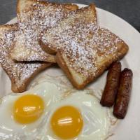 Signature Bread French Toast Platter · Vienna breaded french toast sprinkled with powdered sugar served with 2 eggs prepared your w...
