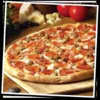 Meat Lover's Pizza · Pepperoni, sausage, ground beef, Canadian bacon, real bacon & mozzarella cheese.
