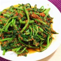 13. Kangkung Belacan 马来风光 · Stir fried water spinach & shrimp with housemade sambal belacan. Spicy.