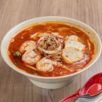 17. Prawn Mee 虾面 · Yellow noodle served in shrimp broth with baked egg, pork, prawn, fishcake, kangkung and sam...
