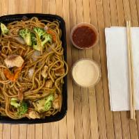 chicken noodles · tender grilled chicken breast with our house noodles sauteed with our Soba sauce.  Includes ...