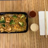 Shrimp Noodles · Tender deveined shrimp and house noodles sauteed in Soba sauce. Includes house salad or spri...