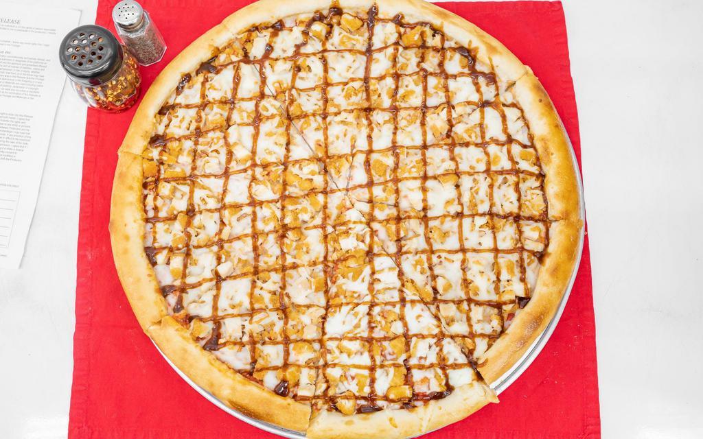 BBQ Chicken Pizza · Topped with BBQ sauce, mozzarella, and chicken meat.
