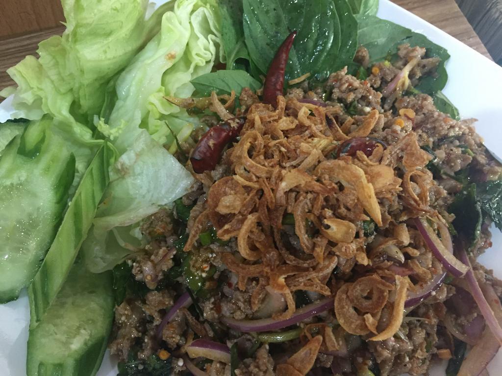 A31. Larb Duck ลาบเป็ด · With chili, lime juice and roasted rice. Spicy.