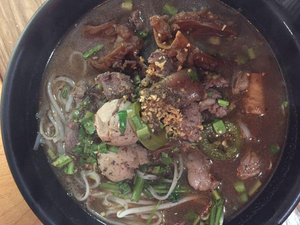 N3. Num Tok beef Noodle ก๋วยเตี๋ยวน้ำตกเนื้อ · Dark soup with  beef and beef ball