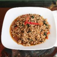 E30. Pad Kra Prao · Sauteed ground meat with garlic and basil. Spicy.