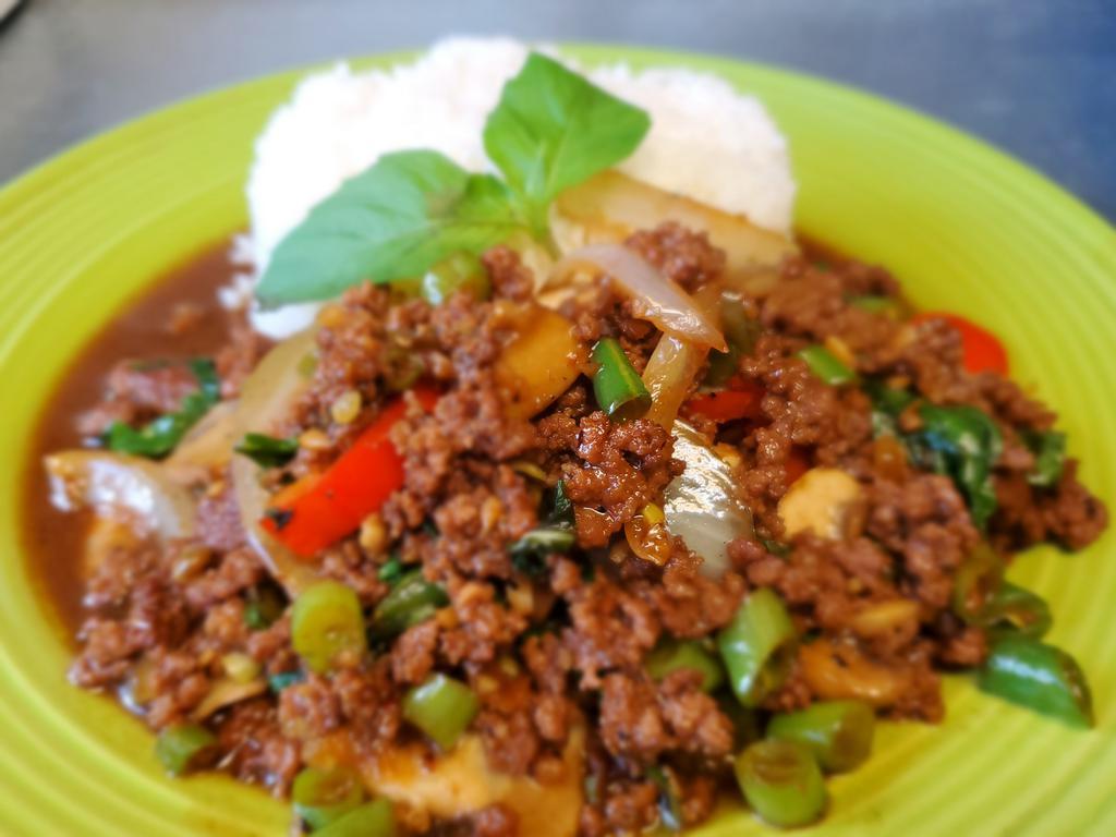 Pad Ka Prao · Stir-fried your choice of protein, Thai chili, garlic, basil, onion, green onion, bell pepper, mushroom, green bean.
