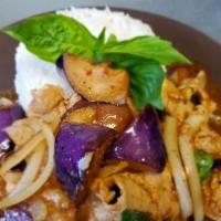 Pad Eggplant · Stir-fried Chinese eggplant with your choice of protein, garlic, Thai basil, chili paste, an...