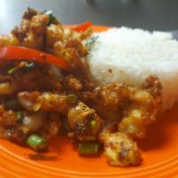Crispy Basil Chicken · Crispy chicken, garlic, chili, onion, bell pepper, Thai basil, mushroom, and green beans.