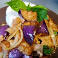 Eggplant Noodle · Rice noodles with your choice of protein, onion, eggplant, chili paste, and basil.