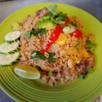 Mango Fried Rice · Fried rice with your choice of protein, mango, avocado, egg, onion, bell pepper, tomato, cil...