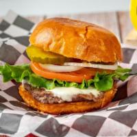6oz Angus Beef Burger Combo · 6oz Beef Burger topped with white American cheese, lettuce, tomatoes, raw onions, pickles, k...