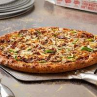 Philly Cheese Steak Pizza · Made with tender slices of steak, onions, green peppers, mushrooms, provolone and American c...