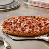 Meatzza Feast Pizza · Topped with pepperoni, ham, Italian sausage and beef with extra cheese made with 100% real m...