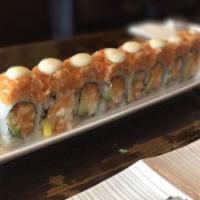 Astoria Autumn Roll · Spicy crunchy shrimp, mango and avocado, topped with spicy crunchy crabmeat and coconut sauce.