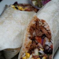 Vegan ADASA Burrito**** wheat and soy allergen · Our vegan asada burrito with plant-based cheese, esquites, onions rice & beans wrapped in to...