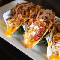   Chicken Tacos · Shredded chicken, cheddar and Monterey jack, frizzled onions, Pico de gallo, buffalo ranch d...