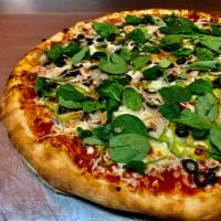 Veggie Pizza · Mozzarella blend, pizza sauce, onions, green peppers, mushrooms, black olives, and spinach.