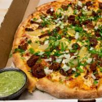 Al Pastor Pizza · Home dough pizza, seasoned al pastor pork, marinara sauce, Monterrey cheese, pineapple, (cho...