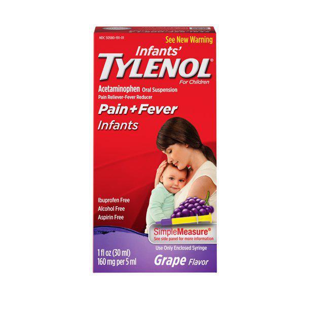 1 fl. oz. Infants Tylenol Pain and Fever Grape Flavor · Infants' Tylenol suspension provides temporary relief from your child's minor aches and pains due to the common cold, sore throat, headache, toothache. The formula of this liquid medicine also temporarily reduces fever and starts working in as little as 15 minutes.