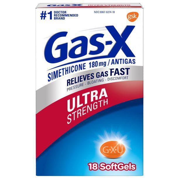 Gas-X Softgels Ultra · 18 count. When you have gas, Gas-X ultra-strength soft gels have you covered. Gas-X gas softgels offer fast relief of gas pressure, bloating, and discomfort, rescuing you from embarrassing situations. All gas-x products feature simethicone, the #1 doctor-recommended over-the-counter (otc) ingredient for fast relief of gas and its symptoms, so you can rest assured you're on the fast track to feeling better.