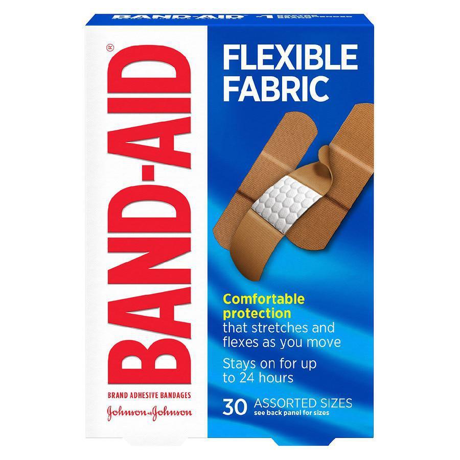 Band-Aid Flexible Fabric  · 30 assorted. 0-ct. Assorted band-aid brand flexible fabric adhesive bandages to cover and protect minor cuts these flexible bandages are made with memory-weave fabric, which stretches and flexes as you move the bandages feature quilt-aid comfort pads designed to cushion painful wounds which may help prevent reinjury these fabric bandages stay on for up to 24 hours and help protect against dirt and germs.