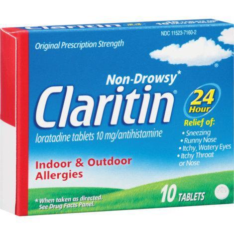 Claritin Tablets · 10 count. Non-drowsy relief against pollen, mold, dust, and pets provides relief of symptoms that can be triggered by over 200 different allergens #1 physician recommended non-drowsy allergy brand 24-hour relief of sneezing, runny nose, itchy watery eyes, itchy throat, and nose.