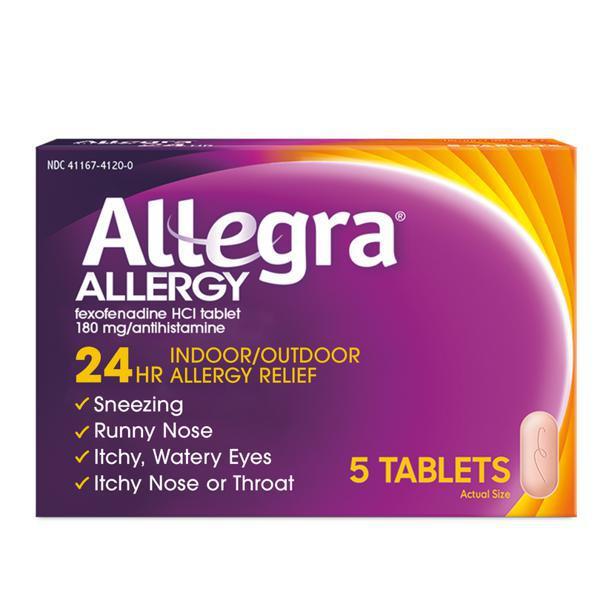 Allegra Allergy Tablets · 5 count. For your worst allergy symptoms, nothing works faster or stronger than Allegra 24-hour adult non-drowsy antihistamine tablets. Allegra tablets start working in 1 hour to give you round-the-clock relief from sneezing, runny nose, itchy, and watery eyes, and itchy nose or throat. 1 is all you need for 24-hour relief.