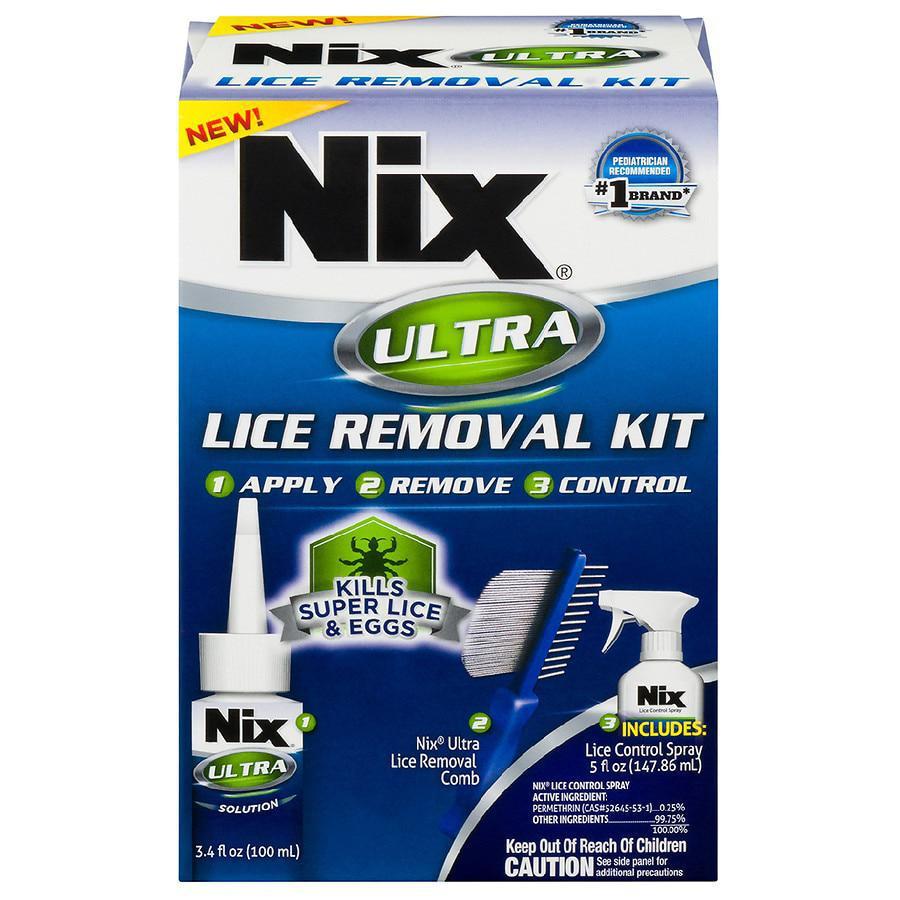 3.4 fl. oz. Nix Lice Removal Kit · Lice removal kit specifically designed to eliminate super lice, regular lice, and their eggs (nits) contain nix ultra solution, nix lice removal comb, and nix lice control spray provides all the de-lousing tools and information needed to walk you through the entire process of removing super lice and lice.