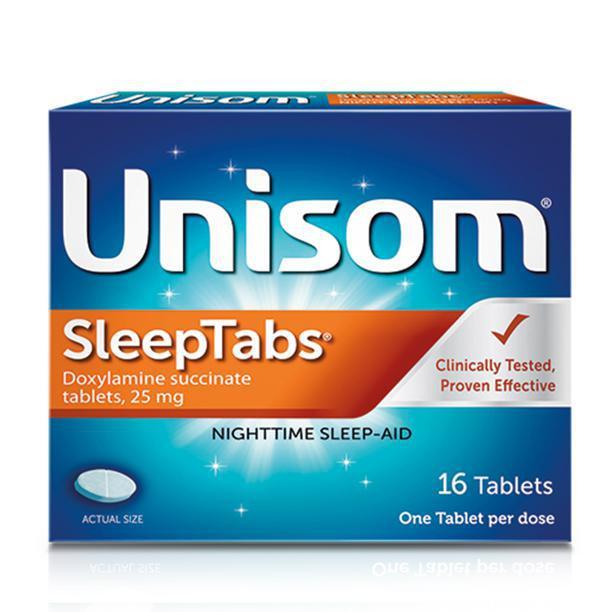 Unisom Sleep Tabs 25 Mg · 16 count. When a stressful day gets in the way of a restful night, you need something that can help you fall asleep and wake up refreshed. Unisom sleep tabs are over-the-counter sleep aids that help you fall asleep 33% faster and awaken significantly fewer times during the night.