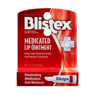 Blistex Medicated Lip Ointment · 6 g. When your lips are dry, it can cause you discomfort. Heal your dry, chapped lips with Blistex medicated lip ointment. The medicated formula heals cold cores and relieves dry, cracked lips by softening and hydrating cells. After using this gentle emollient-based ointment, you will notice that your lips feel softer, smoother, and moisturized.