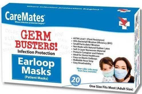 Caremates Earloop Masks · Filters up to 99.9% of wearer's exhaled bacteria NIOSH approved to meet ASTM standards for infection control protects against microorganisms, body fl. s, and small particles protect caregivers and patients ideal for home health care easy to put on; no strings to tie 3-layer construction lightweight low profile comfortable moldable nose strip easy to breathe convenient, flat-fold fits in a pocket.