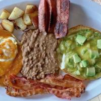 Divorce Eggs · Huevos divorciados 2 eggs with red and green sauce, bacon, sausage and potatoes, and beans.