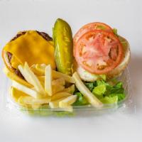 Cheese burger  · Cheese burger, lettuce, tomatoes on a seeded bun 