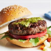 Italian burger  · Beef burger, Melted fresh mozzarella, roasted peppers and pesto sauce  on a seeded bun