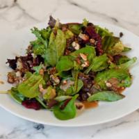 CNY Salad · Poached pear, yellow beets, spring mix, candied walnuts, house cilantro lime vinaigrette, an...