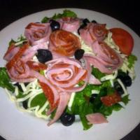 Antipasto Salad · Lettuce, tomatoes, black olives, turkey ham, beef pepperoni and mozzarella cheese.