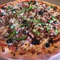 Supreme Pizza · Pizza sauce, Pepperoni, Ham, hamburger, Sausage, red onions, mushrooms, bell peppers, black ...