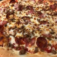 Meat Lovers Pizza · Pizza sauce, Pepperoni, Ham, hamburger, Sausage and cheese.