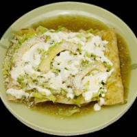 Enchiladas verdes ( pollo y queso) · Lechuga, crema, queso, lettuce, cheese and sour cream.