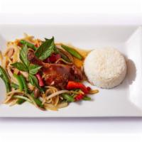 Crispy Duck Basil Dinner · Half duck with mushrooms, onions, and green beans in basil sauce.