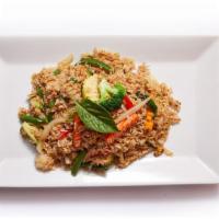 Spicy Basil Fried Rice Dinner · Stir-fried with jasmine rice, eggs, chili, bell peppers, onions, scallions, green beans, and...